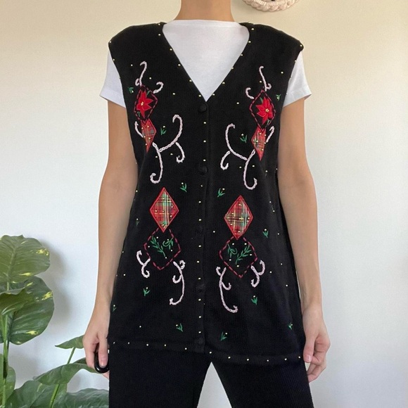 Vintage black Christmas Holiday knitted sweater vest size large - Picture 1 of 7